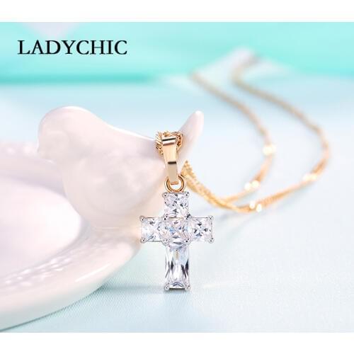 LADYCHIC Elegant Cubic Zircon Cross Pendants Necklaces Gold Color Cross Christian Jesus Jewelry for Women Birthday Gift LN1058