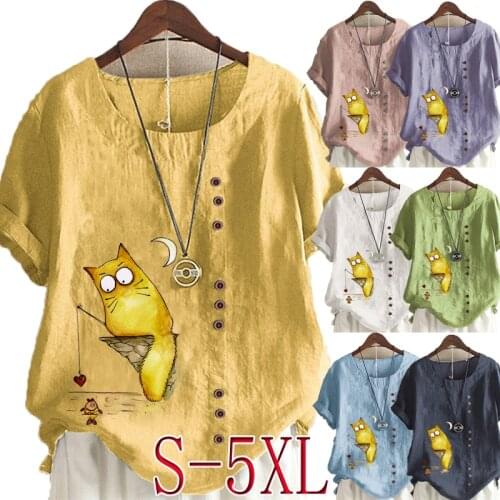 Womens New Fashion Linen Shirt Round Neck Short Sleeve Cartoon Cats Printed T-shirt Summer Ladies Casual Plus Size Blouse Tops