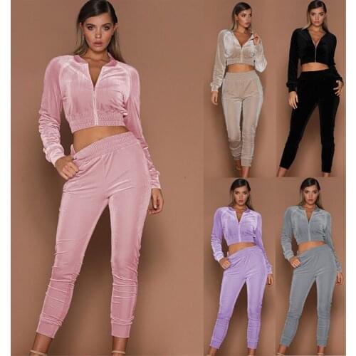 Velvet Tracksuit Women Two Piece Set Spring Autumn Clothes Zipper Crop Top and Pants Suit Velour Womens Sets Steetwear Outfits