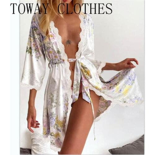 Women Sexy Open Front Floral Print Contrast Lace Belted Satin Night Robe Patchwork Dresses