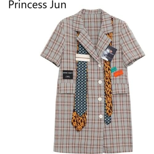 British Fashion Women Retro Plaid Blazer Dress Short Sleeve Unique Label Sticker Mini Dress Double Breast Slim Chic A Line Dress