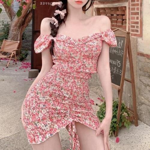 Women Ladies Sexy Frill Short Bodycon Women Summer Dress Casual Beach Club Sweet Dress Floral Print Mini Shirred Dress Vestidos