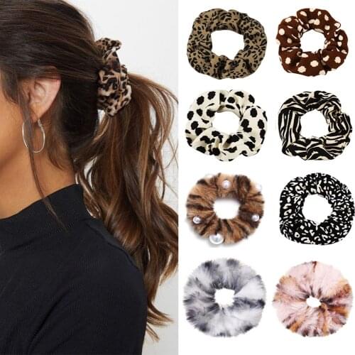 14 Style Elegant Leopard Imitation Pearl Satin Fake Fur Hair Scrunchies Soft Elastic Hair Bands Women Sweet Hair Accessories