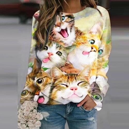 2021 Spring Women Funny Cat Harajuku Long Sleeve Casual 0 Neck Pullover Fashion Custom Tops Street Cool Clothing