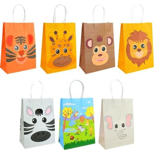 5Pcs Safari Animal Party Gift Bags Tiger Lion Paper Candy Bag For Kids Jungle Theme Birthday Party Supplies Gifts Packing Decor