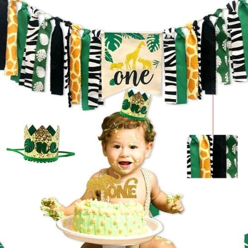 Baby 1st Birthday Jungle Safari Banner Decoration Pennant Swallowtail Flag Green Birthday Decoration Dining Chair Pull Flag