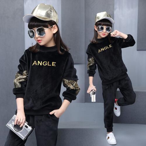 Childrens Eagle Pattern Clothing Set 2 Pcs Girls Sports Clothes New Spring Fall Kids Golden Velvet Suit of British Wind B190