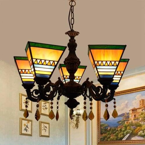 European-Style Tiffany Colored Glass Restaurant Bedroom Bar Club Internet Cafe Warm Color Square Crystal 5-Head Hanging Lamp