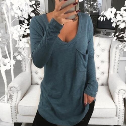 New Sexy Women Solid Color Deep V Long Sleeve Top Front Pocket Loose Tunic T-shirt футболка женская