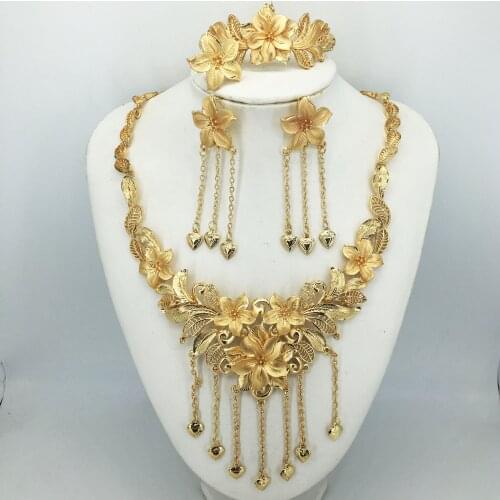 HOT Fashion wedding Dubai Africa Nigeria African Jewelry set gold-color necklace Earrings romantic woman Bridal Jewelry Sets