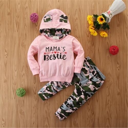 0-24M Baby Girl Camouflage Clothes Set Pink Letter Hooded Sweatshirt Tops Pink Long Pants Baby Girls Tracksuit Infant Outfits