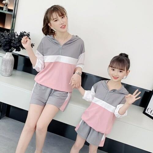 2021 Summer Mother and Daughter Parent-Child Girls Spliced Sports Loose Short Sleeve Set Family Matching Sport Clothes