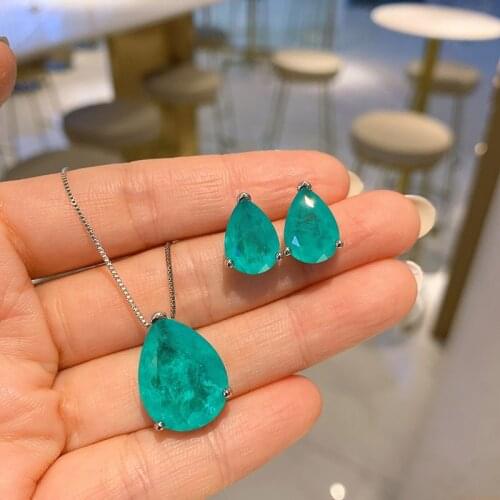 Funmode Fashion Green Water Drop Shape Earring Necklace For Women Party Jewelry Sets Accessories Wholesale FS269