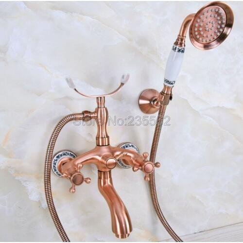Wall Mount Antique Red Copper Clawfoot Bathtub Faucet Mixer With Hand Shower lna373