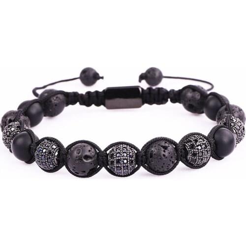 New Arrival Men Bracelet Jewelry 8MM Lava Rock Stone CZ Disc Ball Woven Beads Wrap Bracelets For Men