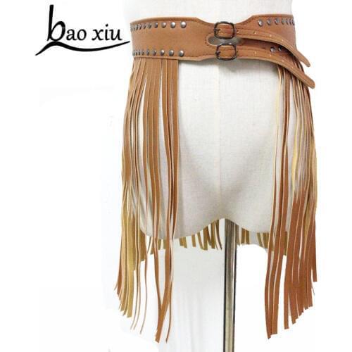 New Gothic Punk rivet double buckle long tassel girdle female Black Leather Belt corset bondage women High Waist belt straps