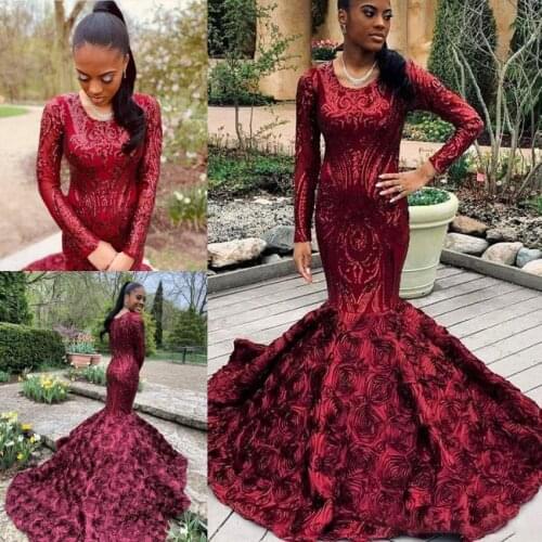 Shining Burgundy Mermaid Prom Dress With Rose Floral Long SLeeve Plus Size African Sequin Evening Gowns Black Girls Prom Dress