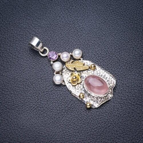 StarGems Natural Rose Quartz River Pearl And Amethyst Feather Two Tones Handmade 925 Sterling Silver Pendant 2.25" E4117