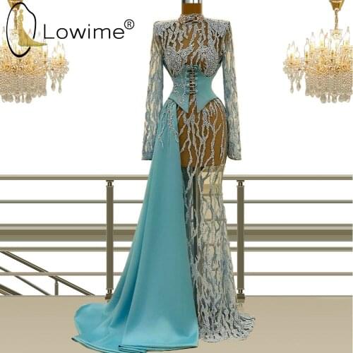 Light Blue Dubai Luxury Beading Mermaid Evening Dresses 2021 Arabic Muslim High Neck Long Sleeve Sexy Illusion Prom Party Gowns