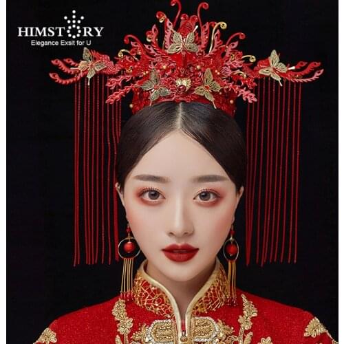HIMSTORY Chinese Traditional Hairwear butterfly Phoenix Ancient Chinese Red Hairwear Wedding Stage Jewelry Hair Accessories