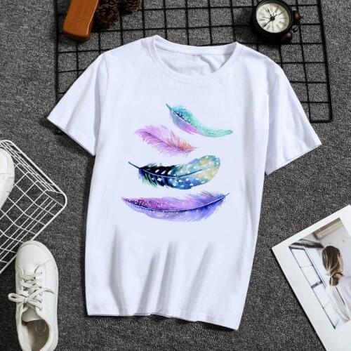 Dreamcatcher casual O-neck top shirt Womens T-shirt Feather Harajuku printed T-shirt fashion casual white T-shirt