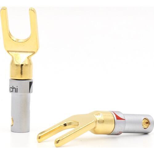 8pcs Nakamiche Brass Gold plated Speaker Y Spade banana Plugs Audio Screw Lock Connector Adapter for HIFI