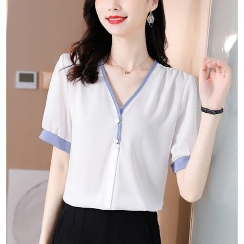 Summer Tops Ladies Blouse Short Sleeves Office Lady Womens Clothing V-Neck Color Contrast 2021 New Fashion Hedging Casual Shirt