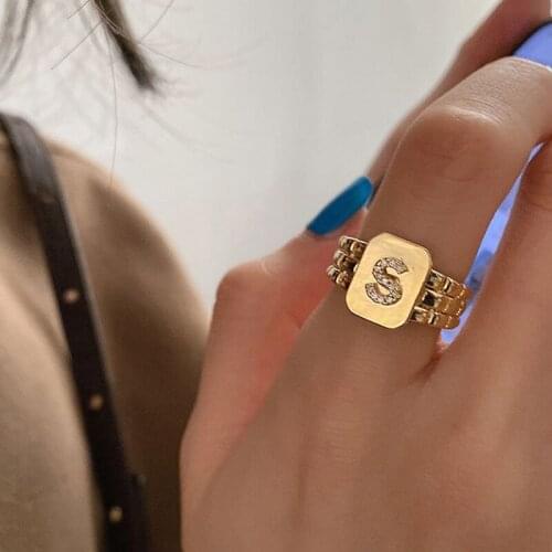 South Korea Luxury Letter Gold Plated Rings for Women Fashion Aesthetic Crystal Geometric Adjustable Accessories Jewelry Gift