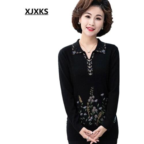 XJXKS High elasticity comfortable women lapel sweater 2020 autumn winter new wool knitted sweater women diamond pullover