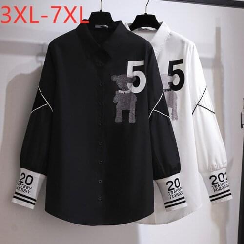 New 2021 Ladies Spring Autumn Plus Size Tops For Women Large Loose Long Sleeve Black Cotton Print Shirt 3XL 4XL 5XL 6XL 7XL