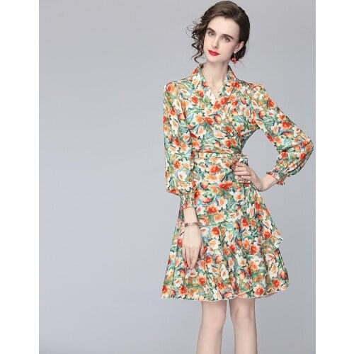 2021 New Spring Autumn Women V-Neck Long Sleeve Dress High Quality Gorgeous Flowers Print Ruffle Hem Sashes Slim Dress