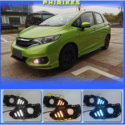 Car LED Daytime Running Lights for Honda Jazz fit 2018 DRL Fog lamp driving lights with Yellow turning signal lights