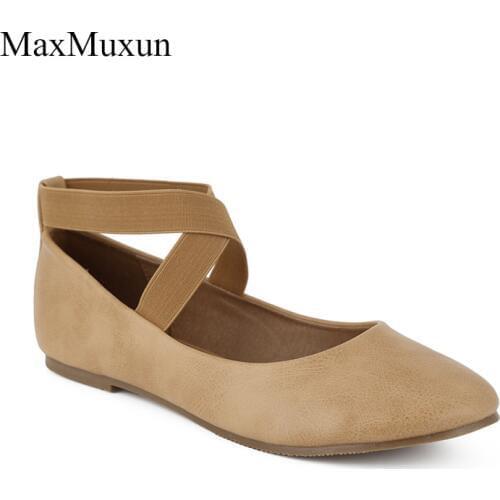 MaxMuxun Womens Black Ankle Strap Ballet Flats Shoes New Autumn Ladies Slip On Round Toe Soft Ballerina Flats With Ribbon