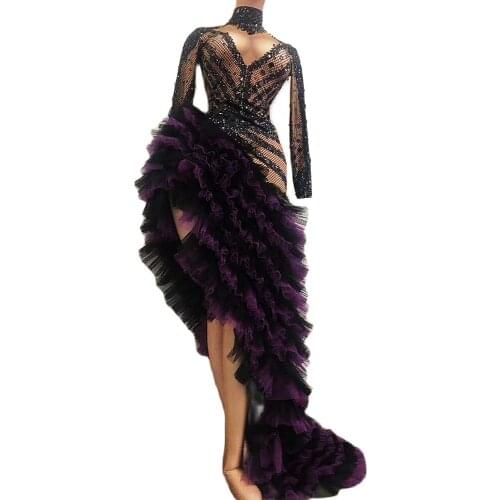 Shining Inlaid Rhinestones Mesh Transparent Women Dress Long Tailing Cascading Asymmetrical Ruffle Dresses Nightclub Costumes