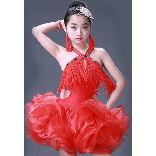 Girls Latin dance costume childrens dance skirt Latin dance competition performance clothing red stage performance clothing