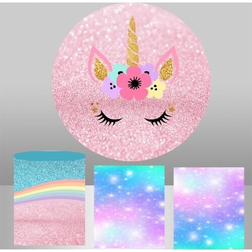 Unicorn Circle Photography Backgrounds girl 1st Birthday Party Backdrops pink glitter baby shower column cylinder covers Y-667