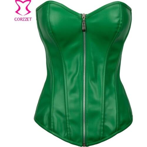 Steampunk Green Faux Leather Gothic Corset Overbust sexy waist trainer Bustier Burlesque Body Slimming Shapewear Corset Tops