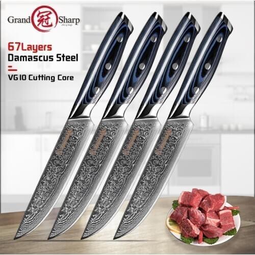 Grandsharp 4Pcs Steak Knife Sharp Table Knives Set Dinnerware Set Damascu Stainless Steel Cutlery Set Kitchen Tableware Set Gift