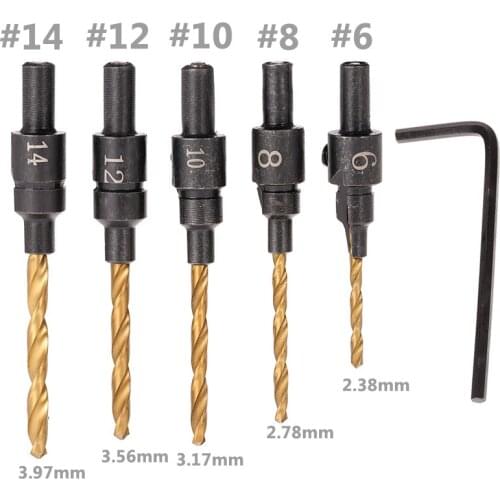 HOEN Hot 5pcs Hss Woodworking Ti Countersink Drill Bit Set Wood Countersinks Screw Size #6 #8 #10 #12 #14