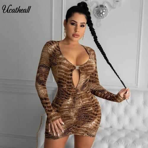 Snake Print Fashion Women Dress Long Sleeve Hollow Out Bodycon Party Dresses Skinny Ruched Clubwear Slim Basic Dress