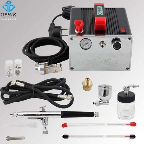 OPHIR 3 Tips Pots Airbrush Kit with Pro Air Compressor for Cake Decorating Model Hobby Paint Nail Art Air Brush Kit _AC091+074