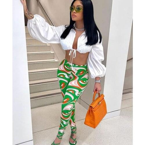 Sexy Party 2 Piece Sets Womens Outfits Clubwear Long Sleeve Crop Top and Printed Leggings Pant Suits Streewear Cropped Feminino