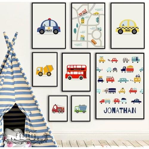 Nordic Cartoon Bus Truck Taxi Engineering Vehicle Police Car Canvas Painting Baby Kids Room Posters and Prints Home Decoration
