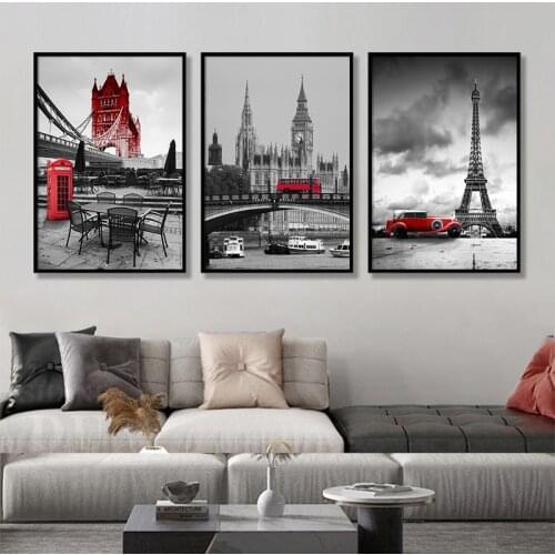 Modern City Tower Bridge Red Bus Black White Picture Posters Canvas Painting Print Wall Art For Living Room Bedroom Home Decor