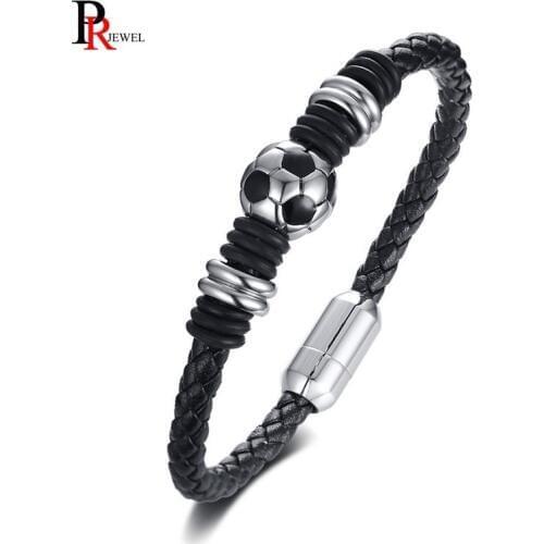 Stylish Mens Football Soccer Charm Bracelets Black Braided Genuine Leather Rope Wrist 8.07" pulseira masculina