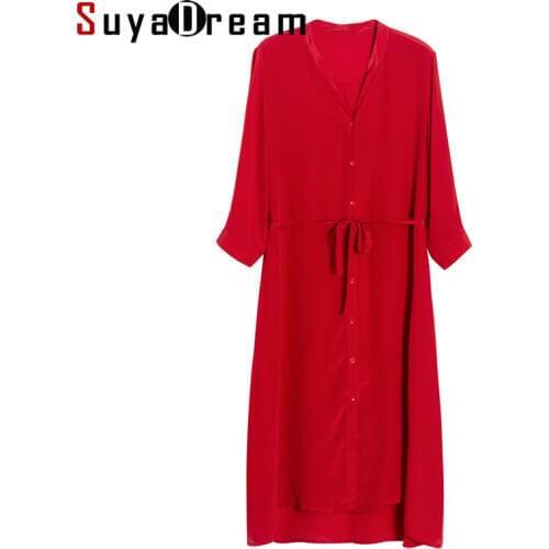 SuyaDream Women Red Dress 100%Silk V neck Elegant T Shirt Dress Women 2020 Summer Sash Midi Dresses Silk Clothes Vestidos