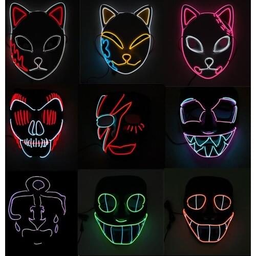 Luminous EL Wire Mask Cosplay Party Supplies Smiling Face Anime Animals Glowing LED Mask For Halloween Party Decoration