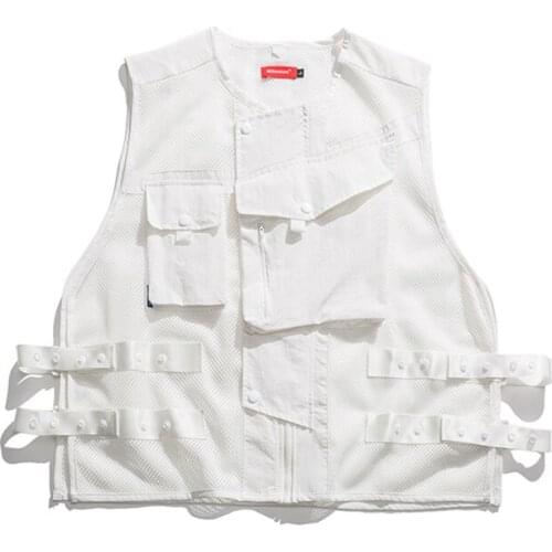 Spring Summer Black White Mesh Sleeveless Jacket Vest Motorcycle Fashion High Street Waistcoat Loose Coat With Pockets Casual