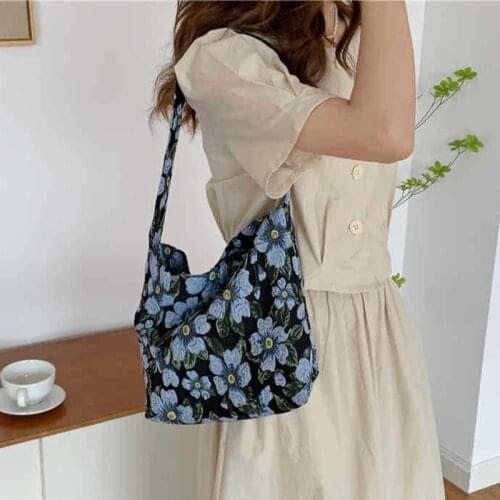 Vintage Floral Womens Small Shoulder Bag Jacquard Fabric Blue Flower Ladies Underarm Bags Female Girls Mini Tote Bucket Handbag