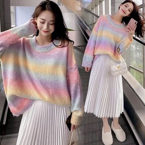 Women Outwear Sweet Rainbow Sweater Women Autumn Winter Knitted Pullover Sweater Female Casual Striped Oversize Chic Sweater